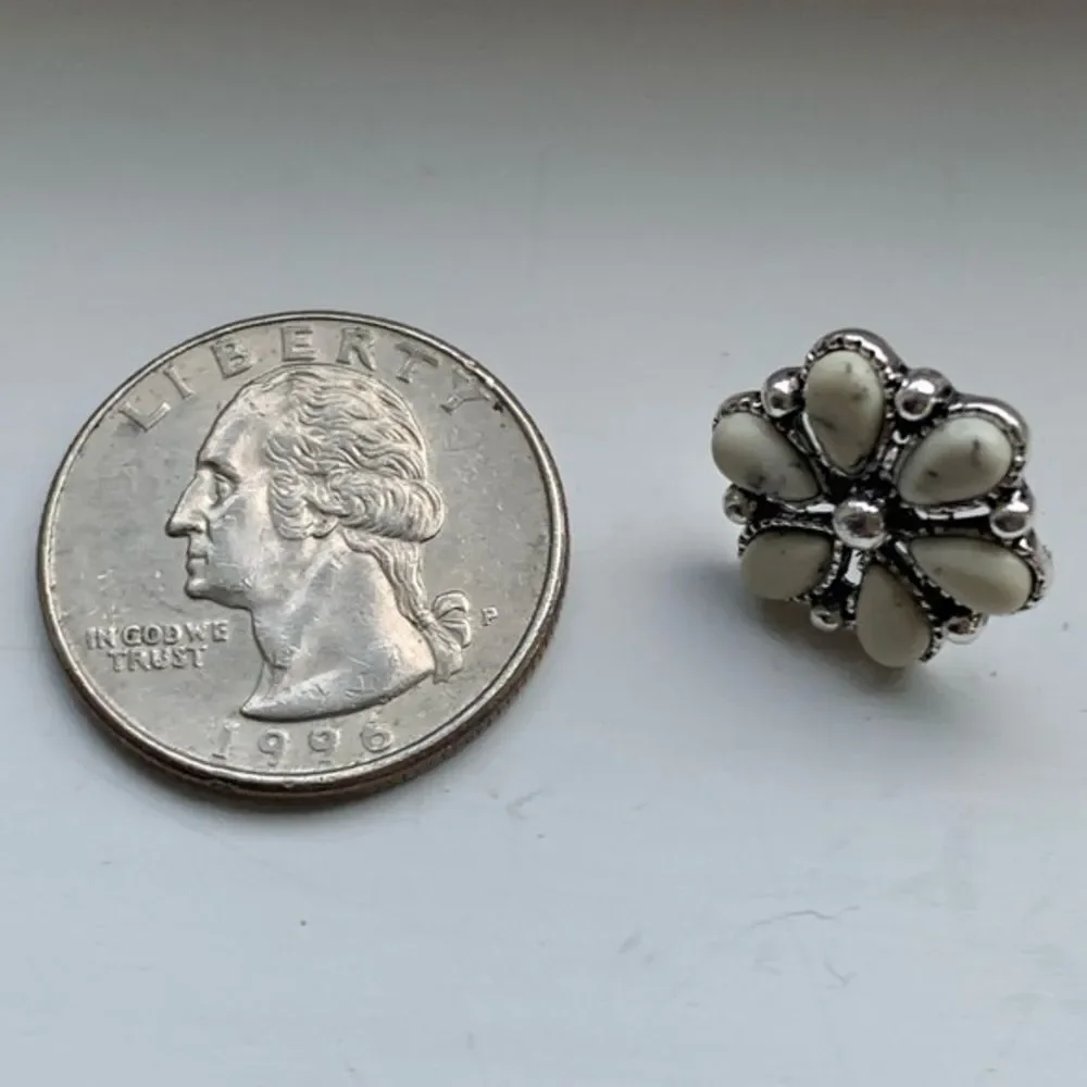 Western White Buffalo Style Blossom Earrings, Silver Tone Stone Studs